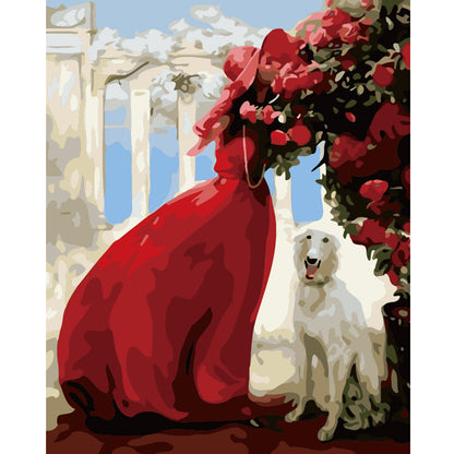 Lady in Red with White Dog - 40x50 cm paint by numbers kit