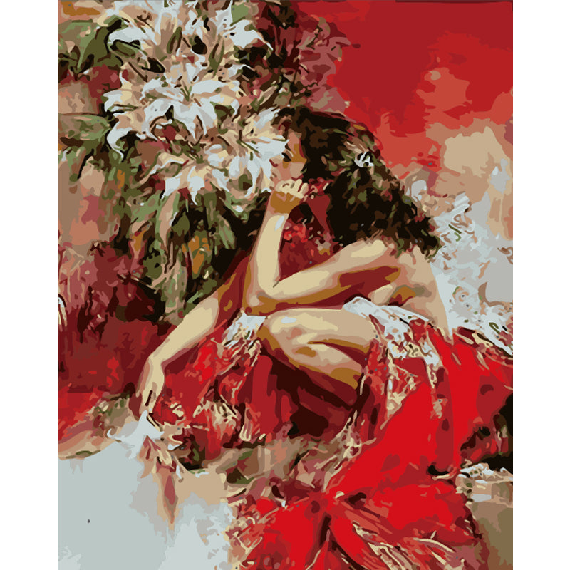 Lady in Red with White Tiger - 40x50 cm paint by numbers kit