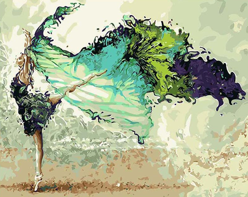 Abstract painting of a dancer with flowing green and blue dress 