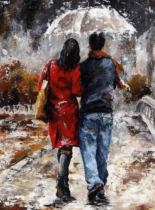 Painting of a couple walking together under an umbrella in a snowy scene.