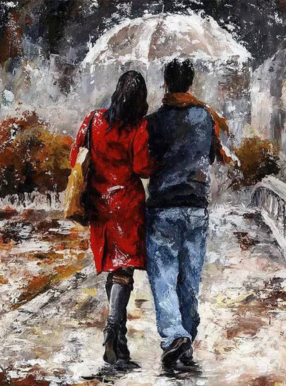 Painting of a couple walking together under an umbrella in a snowy scene.