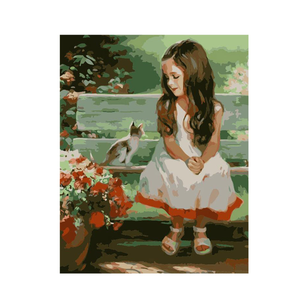 Girl and Cat on Garden Bench - 40x50 cm paint by numbers kit