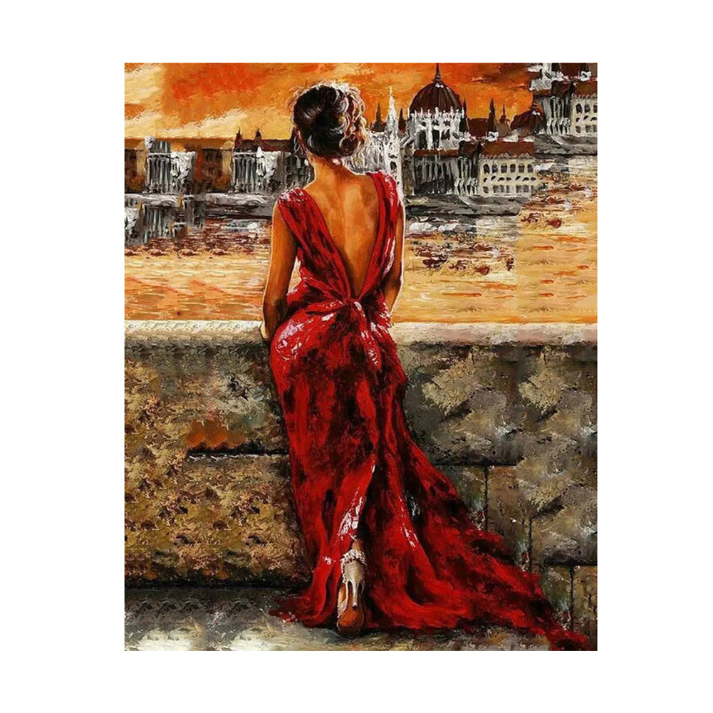 Lady in Red Over the River - 40x50 cm paint by numbers kit