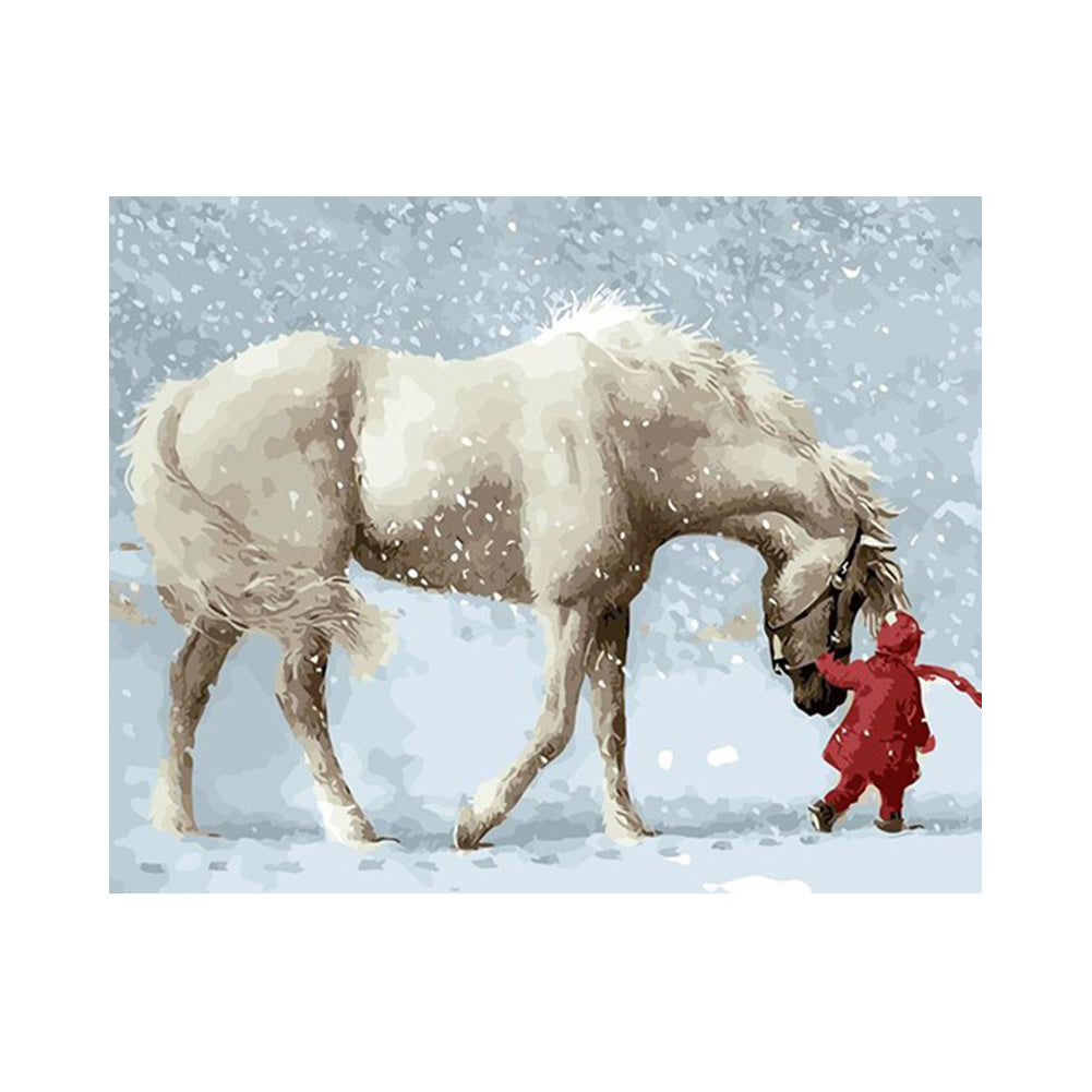 Snowy Walk with White Horse - 40x50 cm paint by numbers kit