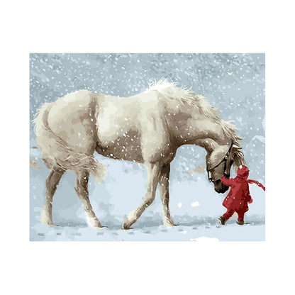 Snowy Walk with White Horse - 40x50 cm paint by numbers kit