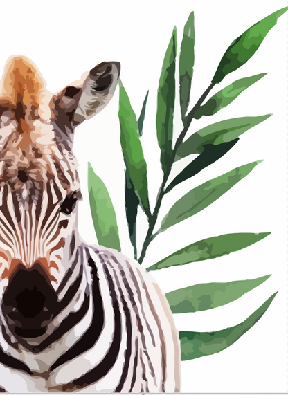Close-up of a zebra's face with green leaves on a white background