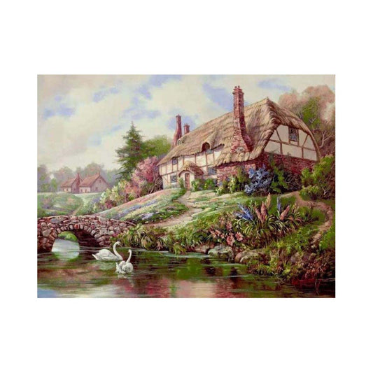 Swans by the Country Cottage - 40x50 cm paint by numbers kit