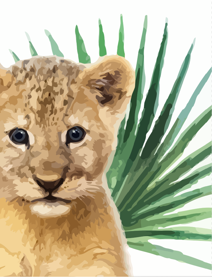 Illustration of a lion cub with green leaves on a white background