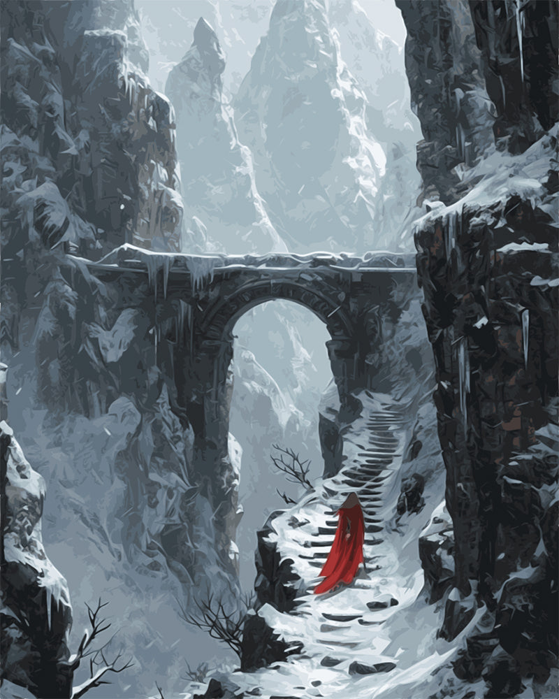 Snowy Mountain Bridge with Red Cloak - 40x50 cm paint by numbers kit