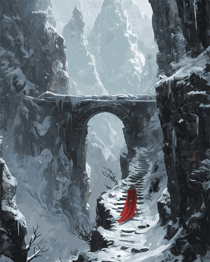 Snowy Mountain Bridge with Red Cloak - 40x50 cm paint by numbers kit