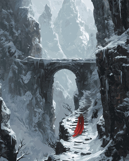 Snowy Mountain Bridge with Red Cloak - 40x50 cm paint by numbers kit