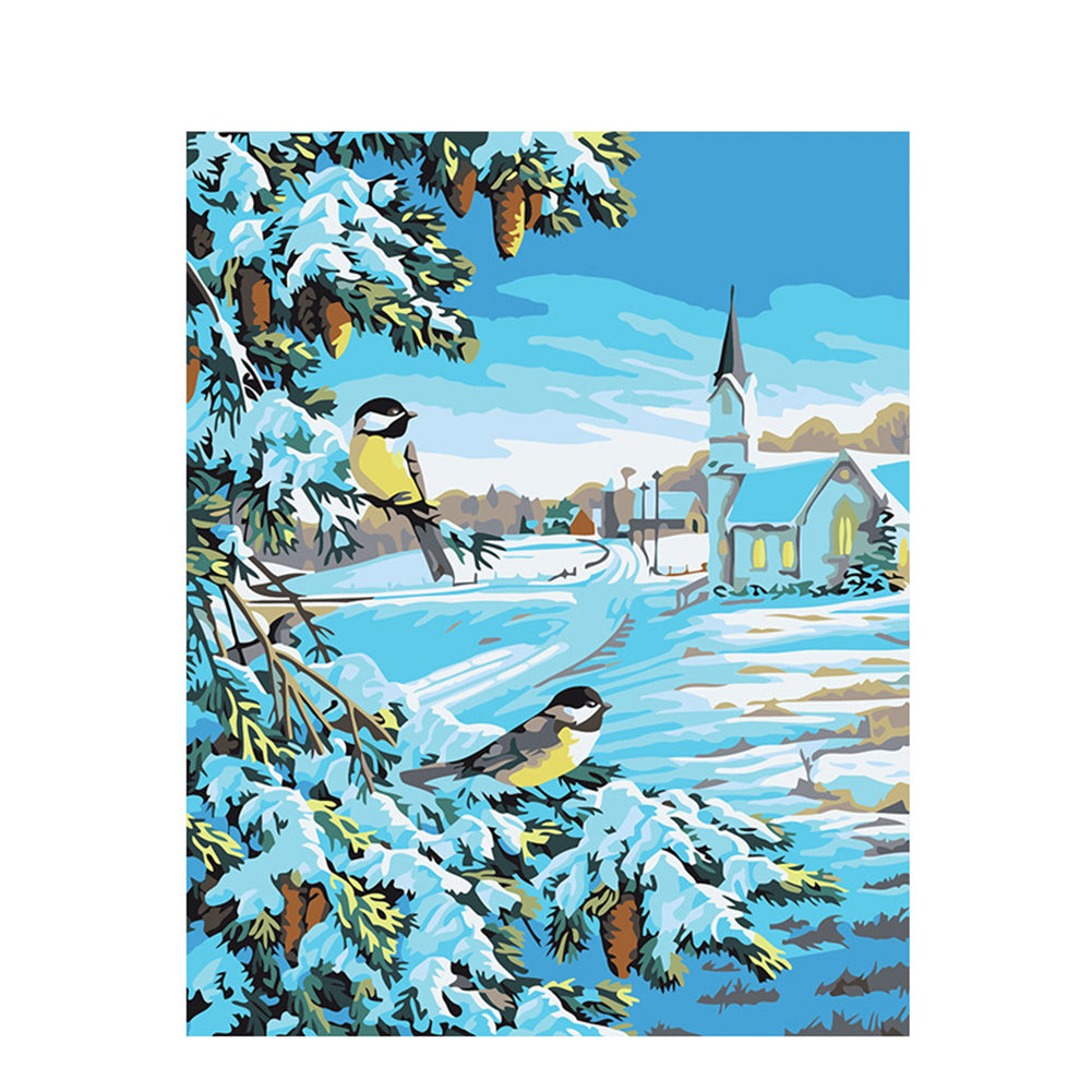 Winter Birds by the Chapel - 40x50 cm paint by numbers kit