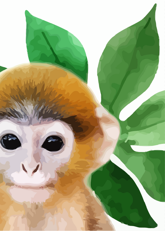 Illustration of a monkey with green leaves on a white background