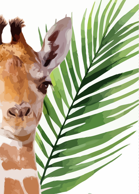Illustration of a giraffe peeking out from behind a large green leaf