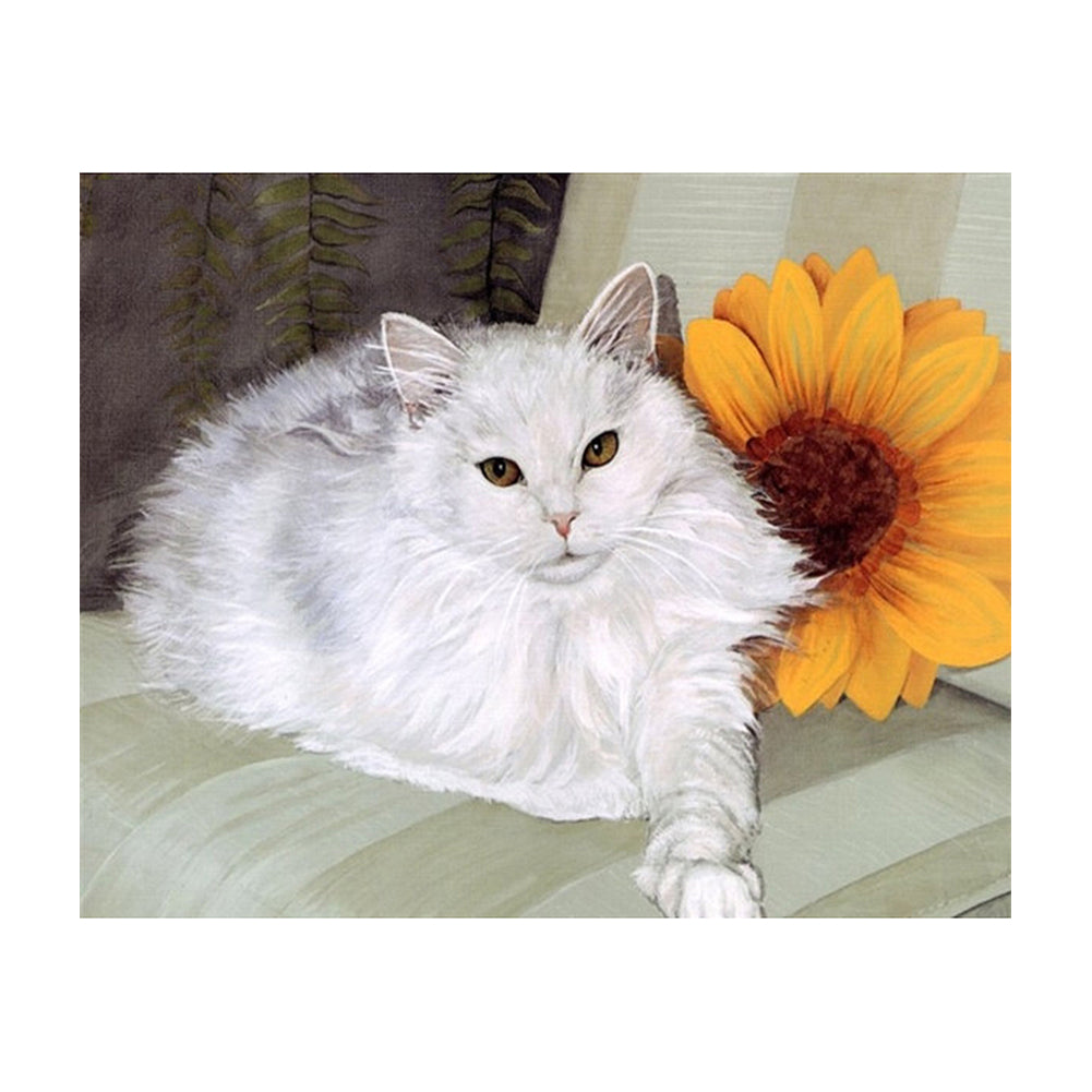 White Cat with Sunflower - 40x50 cm paint by numbers kit