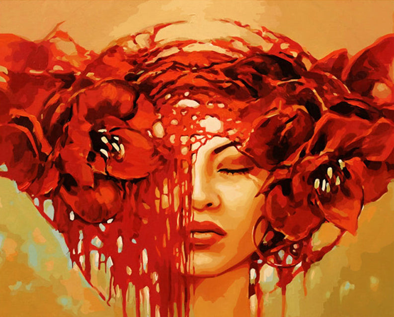Red Floral Woman Portrait paint by numbers kit