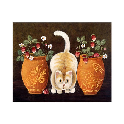 Strawberry Pots and Curious Cat - 40x50 cm paint by numbers kit
