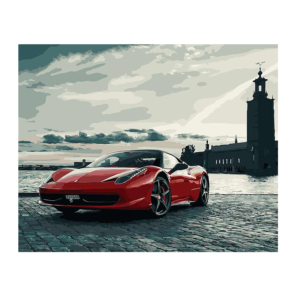 Red Supercar by the Waterfront - 40x50 cm paint by numbers kit