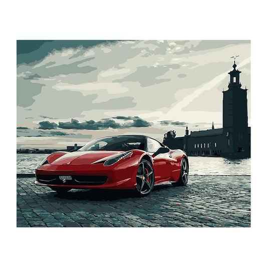 Red Supercar by the Waterfront - 40x50 cm paint by numbers kit