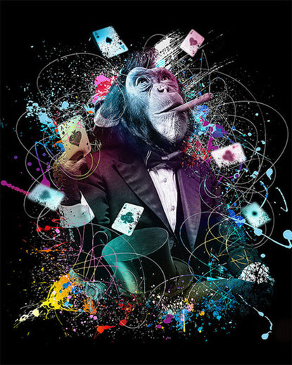 Colorful and abstract design with a monkey in a suit surrounded by cards and splashes of color on a black background.