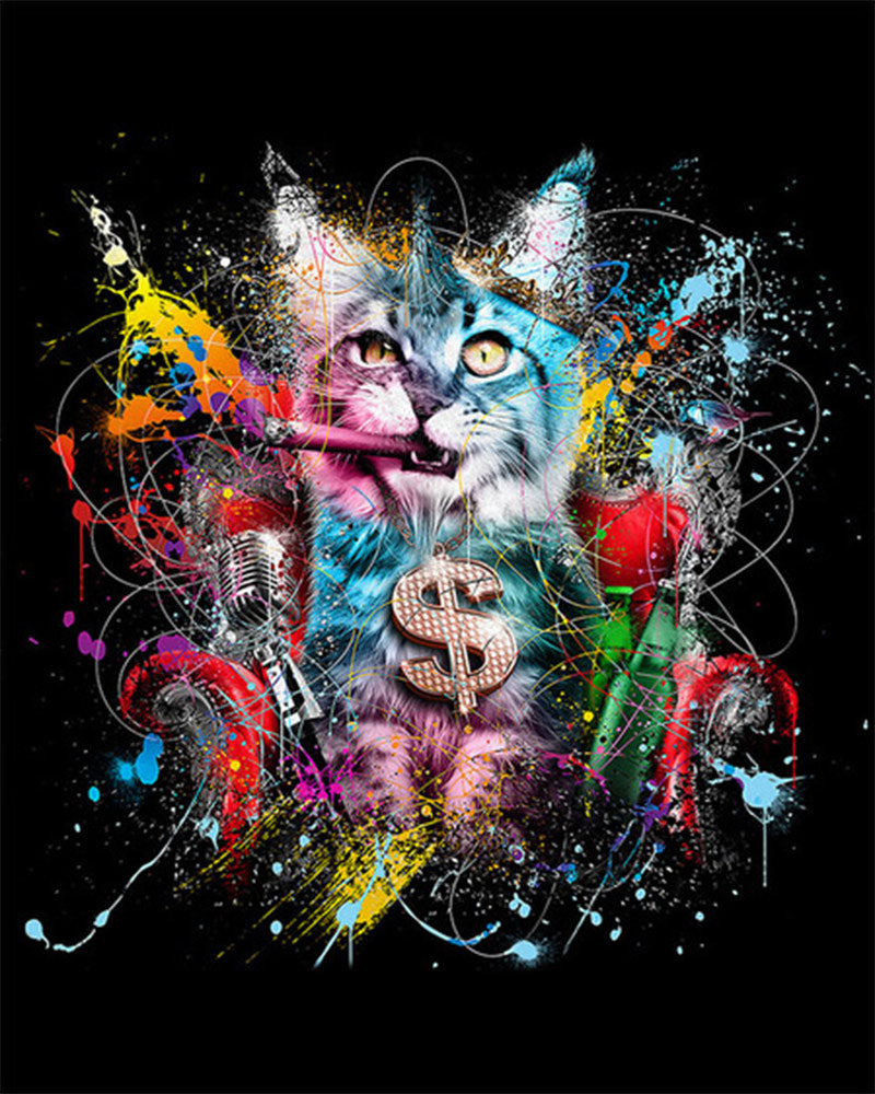 Colorful abstract design with a cat holding a dollar sign on a black background