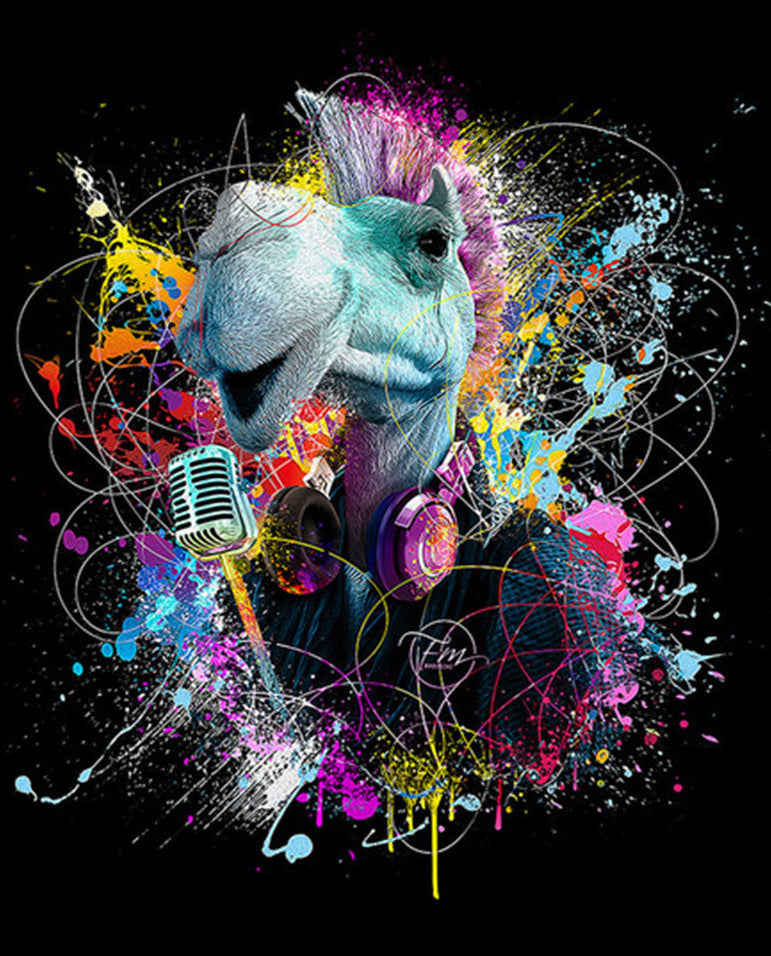 Colorful abstract design with a horse wearing headphones and a microphone on a black background