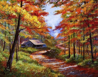 Painting of a forest scene with autumn foliage and a house in the distance.