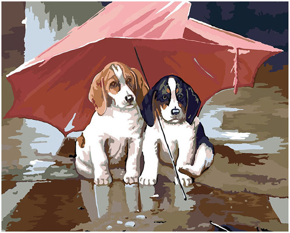 Puppies Under Red Umbrella - 40x50 cm paint by numbers kit