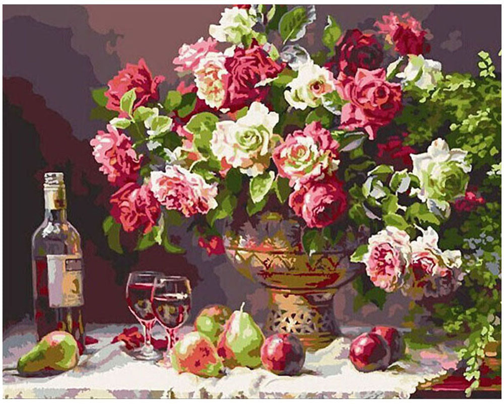 Roses Wine and Fruit Still Life - 40x50 cm paint by numbers kit