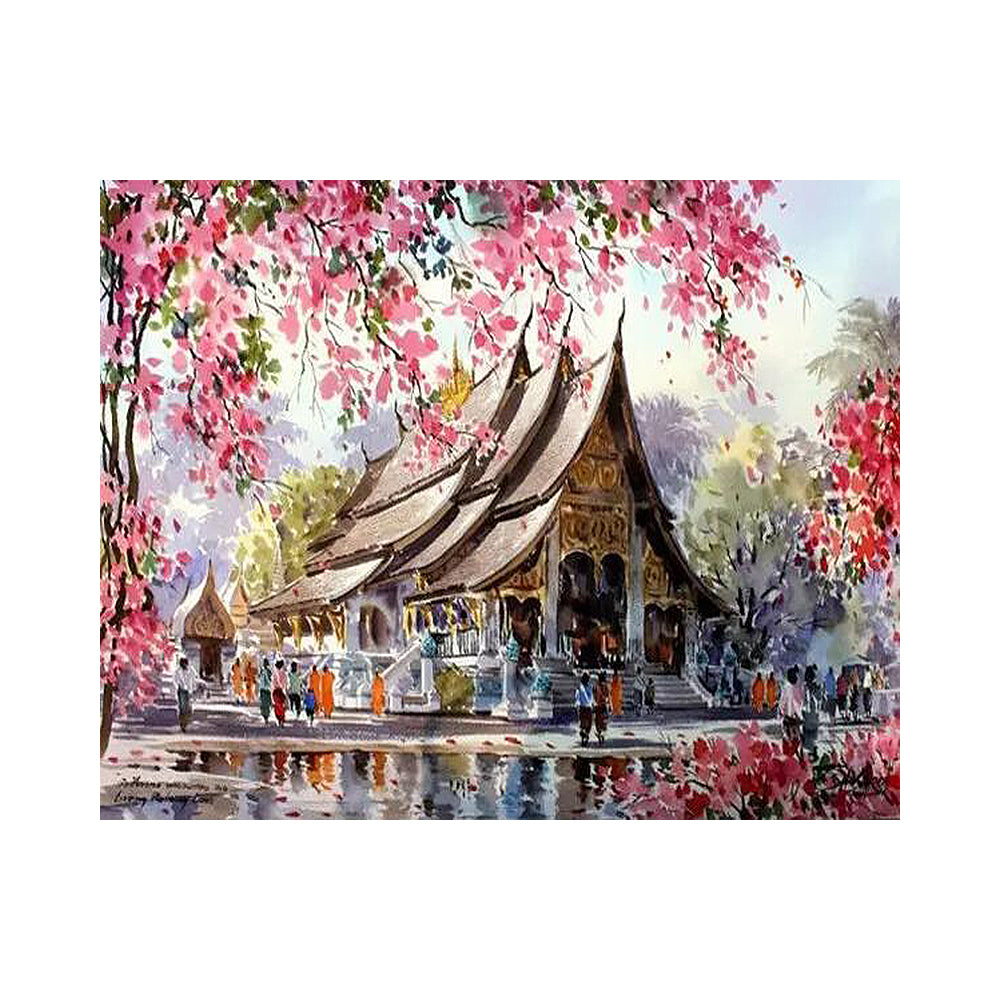 Temple Beneath Pink Blossoms - 40x50 cm paint by numbers kit