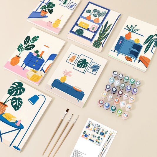 Modern Blue Botanical Interiors Mini Paint by Numbers Set - 6 Designs