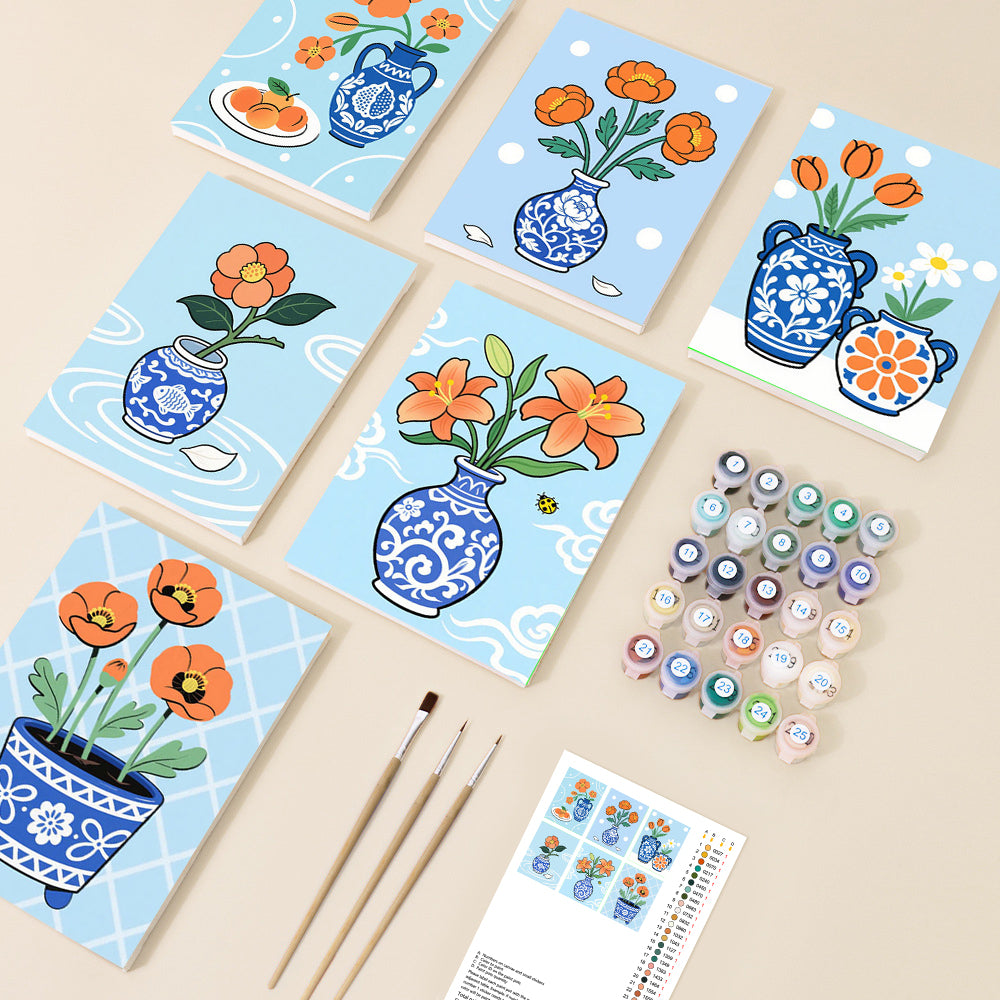 Blue Porcelain Floral Vases Mini Paint by Numbers Set - 6 Designs