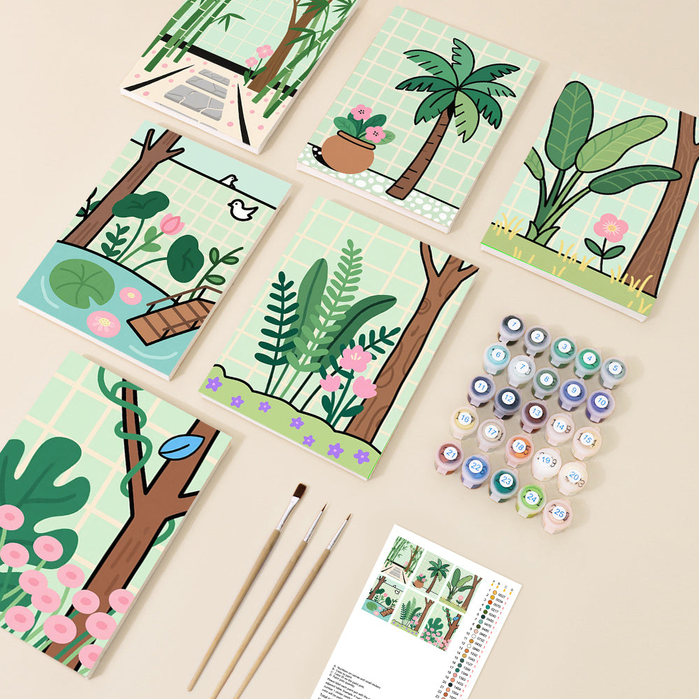 Soft Green Garden Scenes Mini Paint by Numbers Set - 6 Designs