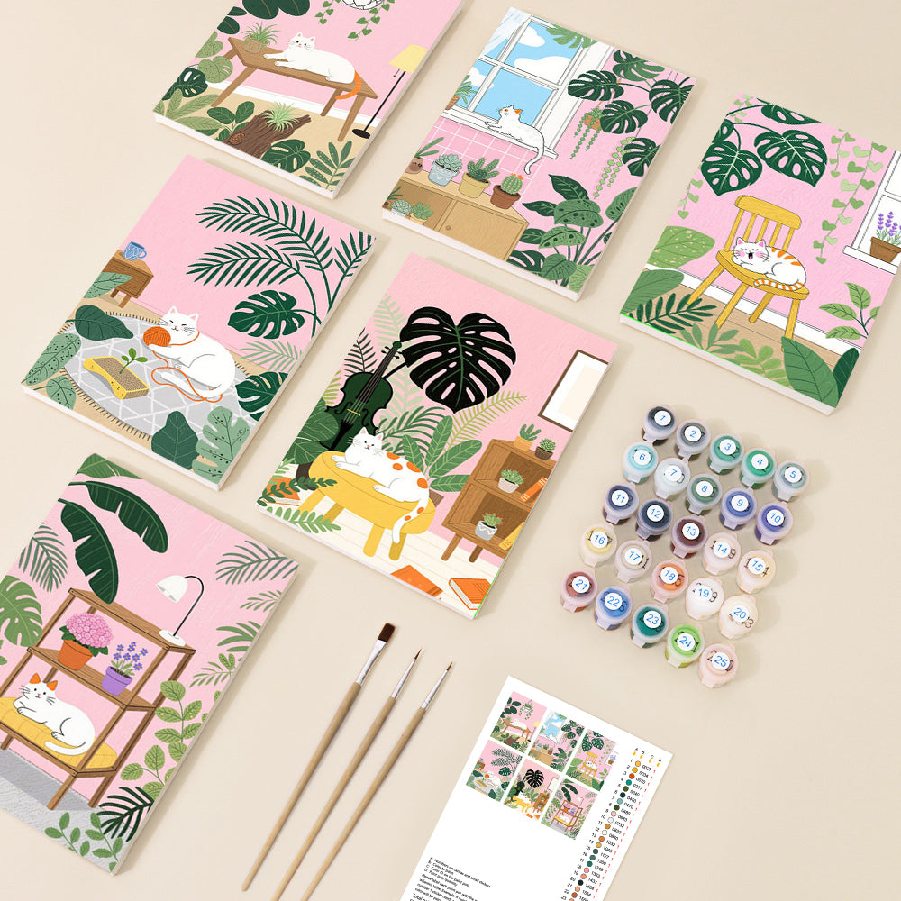 Pink Cat & Plant Room Mini Paint by Numbers Set - 6 Designs