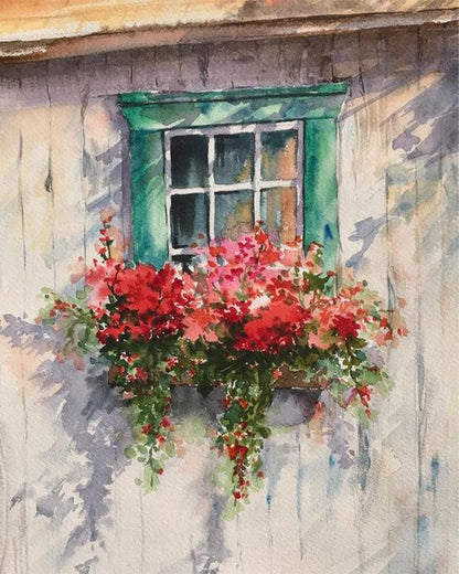 Red Flowers by the Window - 40x50 cm paint by numbers kit