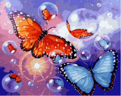 Butterflies in bubbles on a colorful background