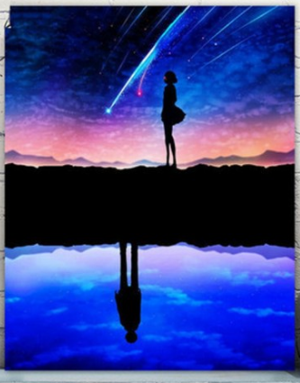 Silhouette of a person standing on a reflective surface with a colorful sky and shooting star.