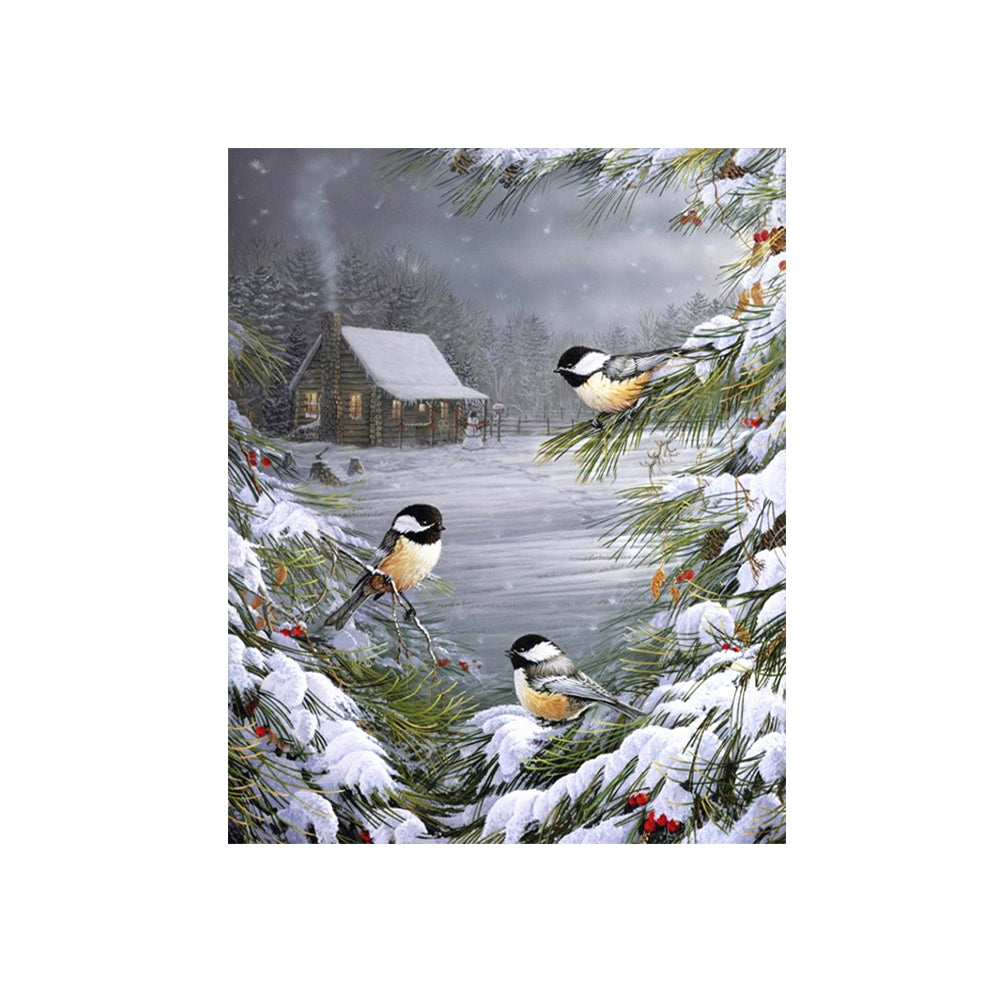 Winter Chickadees by Cabin - 40x50 cm paint by numbers kit