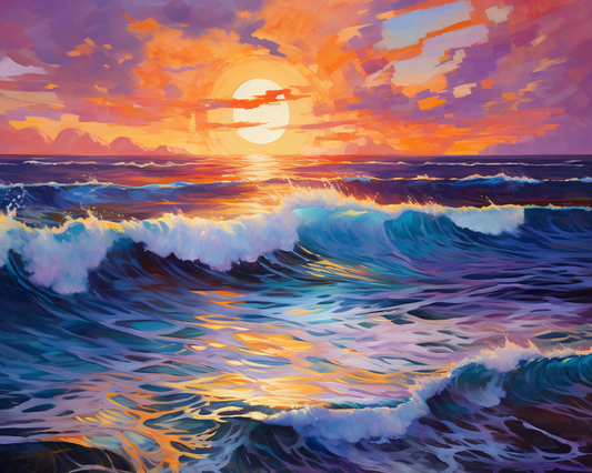 Painting of a sunset over the ocean with vibrant colors