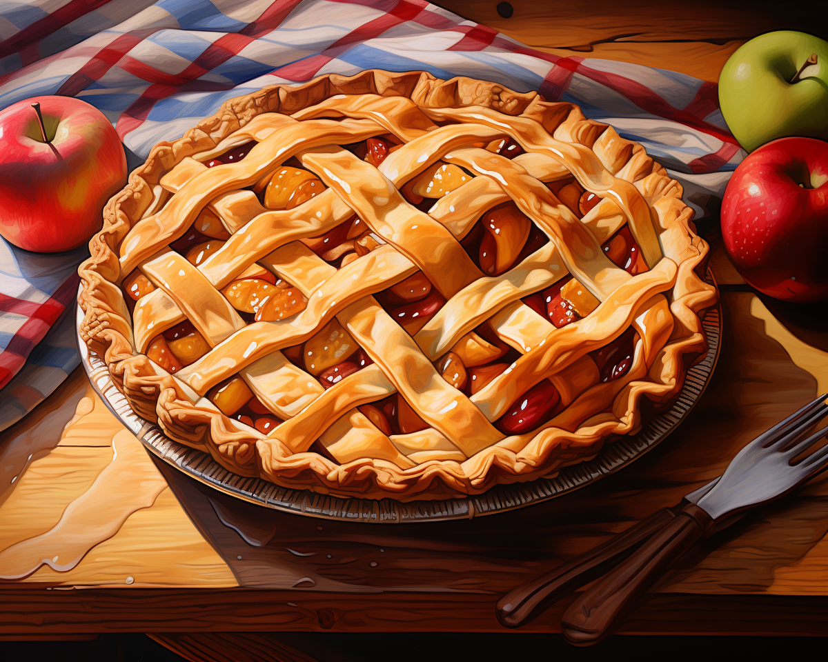 Apple pie with a lattice crust on a wooden table with apples and a fork.