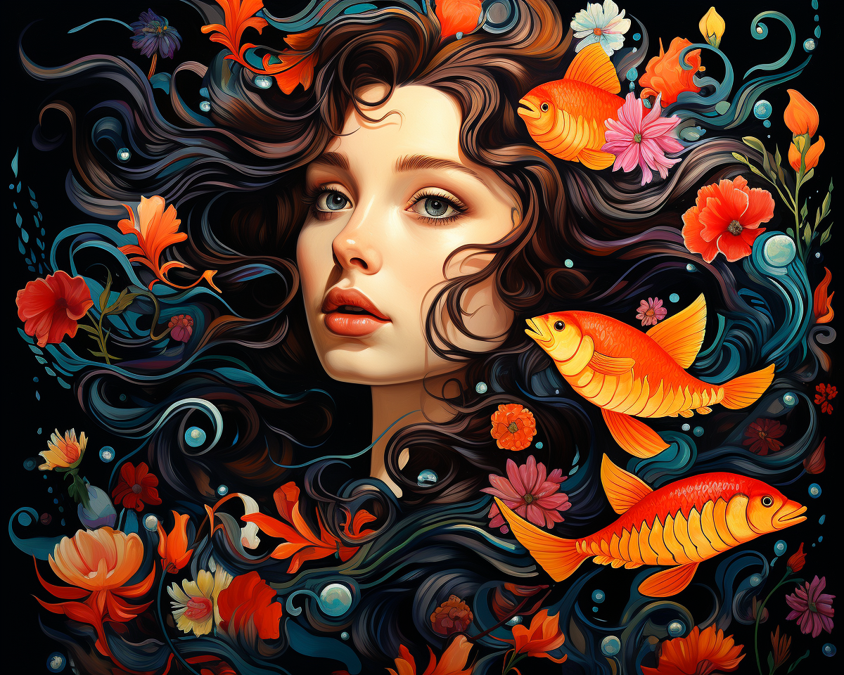 Artistic depiction of a woman's face with flowing hair, flowers, and goldfish.