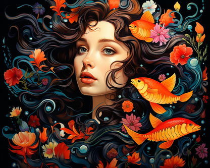 Artistic depiction of a woman's face with flowing hair, flowers, and goldfish.