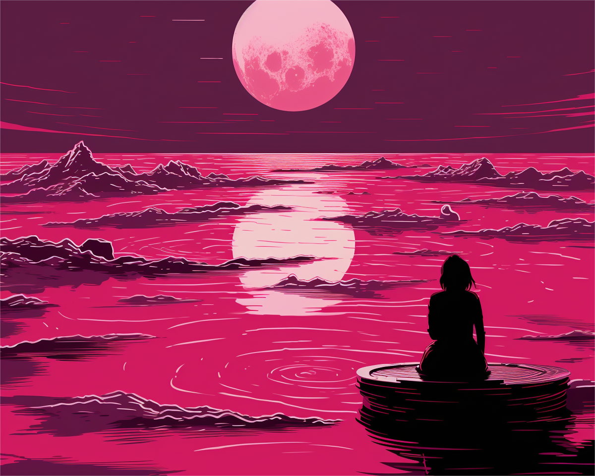 Silhouette of a person sitting on a rock by a pink-lit landscape with a large moon.