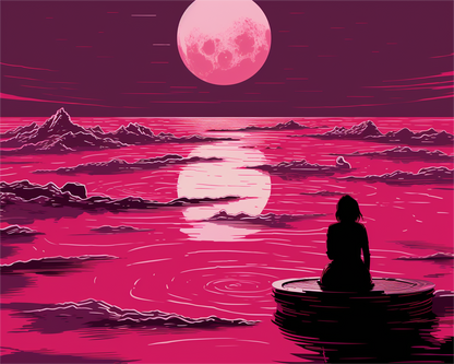 Silhouette of a person sitting on a rock by a pink-lit landscape with a large moon.