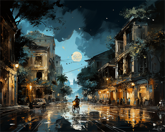 Moonlit Old Town Street - 40x50 cm