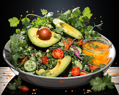 Salad with avocado, tomatoes, and a jar of dressing on a dark background