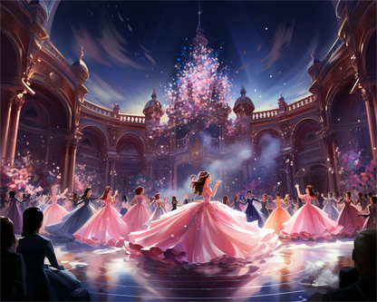 Illustration of a grand ballroom with women in pink gowns and a large Christmas tree in the center.