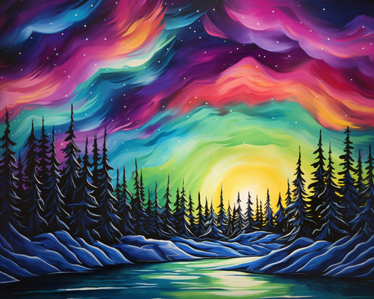 Colorful Northern Lights over a snowy landscape with trees