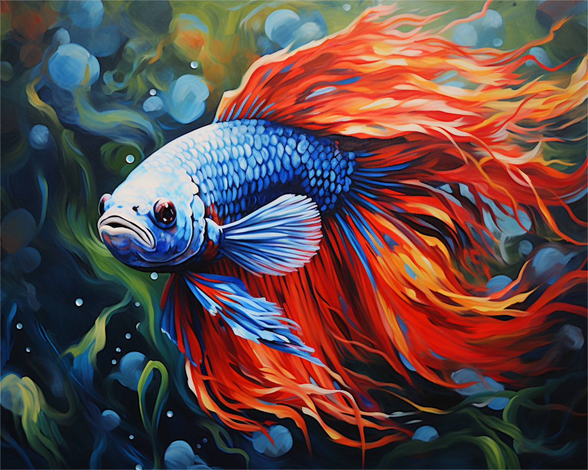 Colorful Betta fish painting with vibrant orange and blue colors against a dark underwater background.