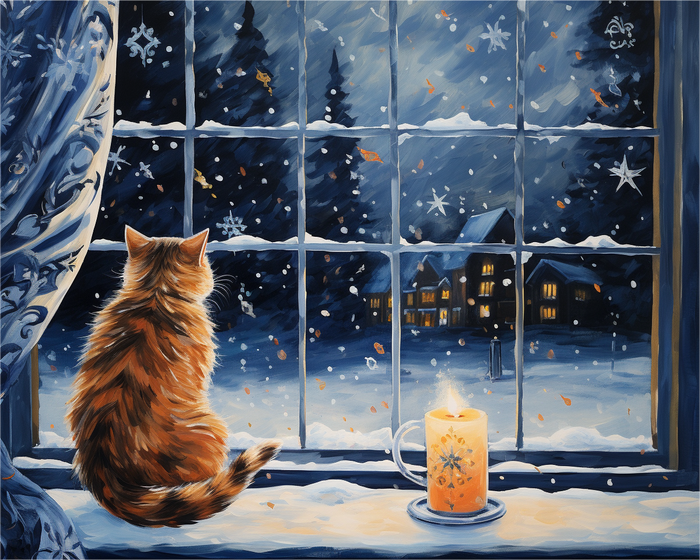 Cat by Winter Window - 40x50 cm